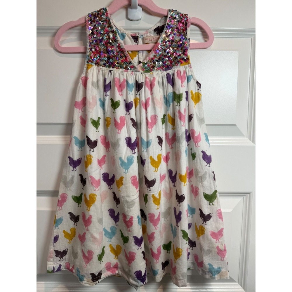 Pink Chicken New York Kids White Rooster Print Sequin V-Neck Cotton Dress 5Y